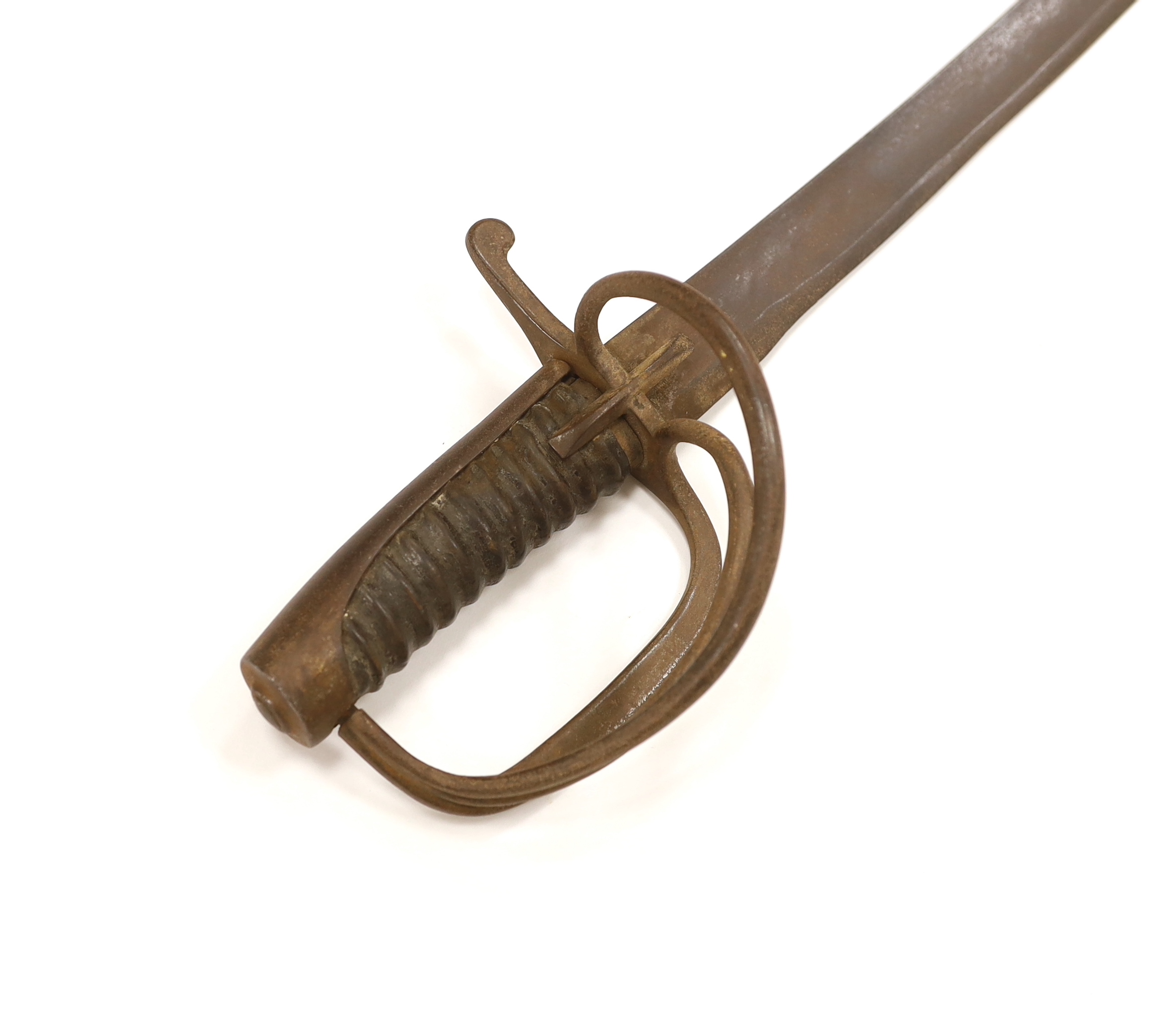 A military sabre with wrought iron guard stamped 377, blade 89cm